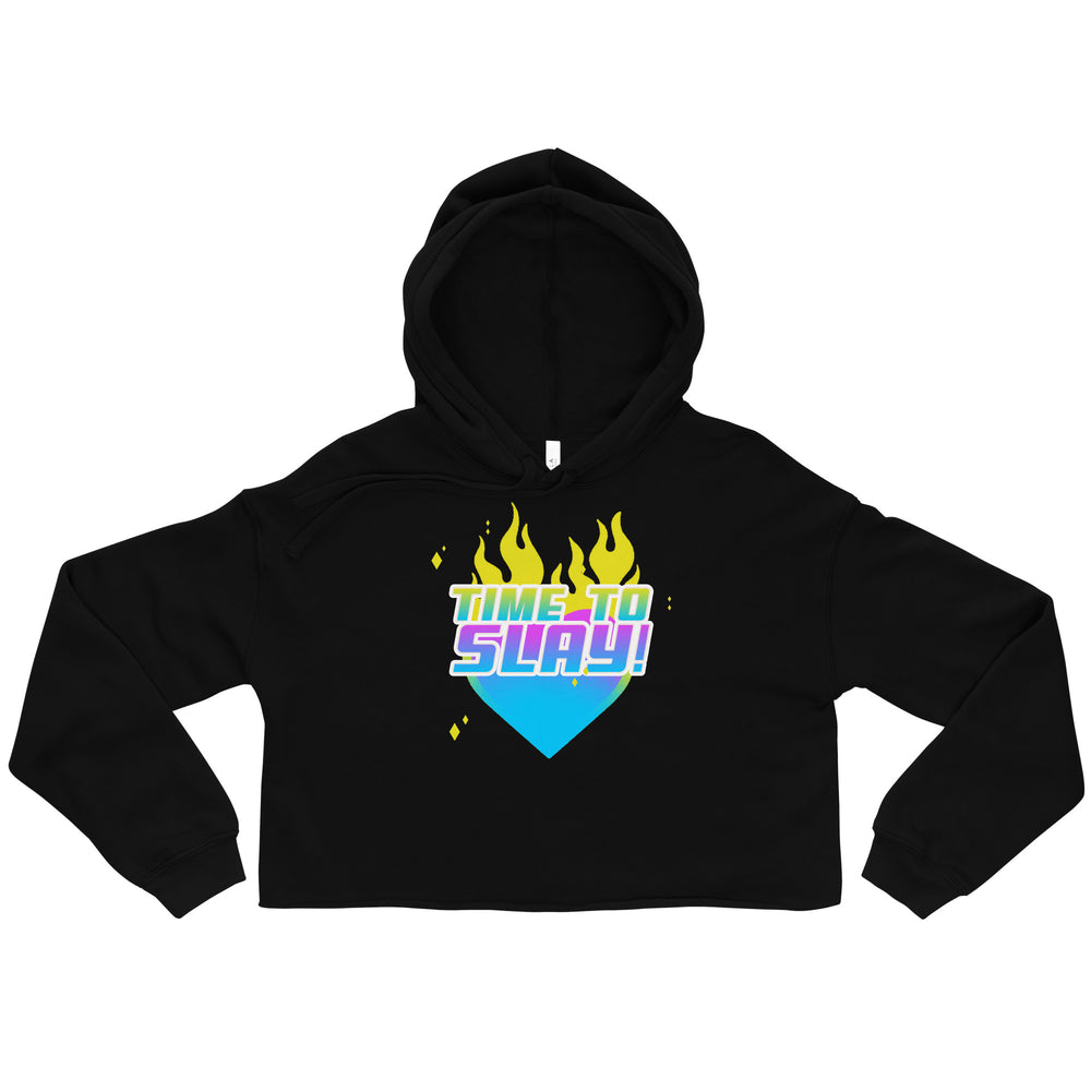 Black crop hoodie with bold yellow flames over a blue heart, “TIME TO SLAY!” in block letters