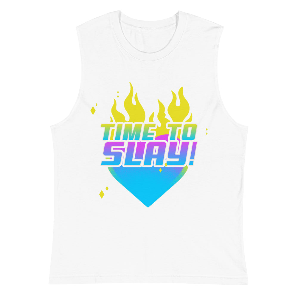 White sleeveless pride muscle top with a pink, purple, and blue gradient heart, yellow flames