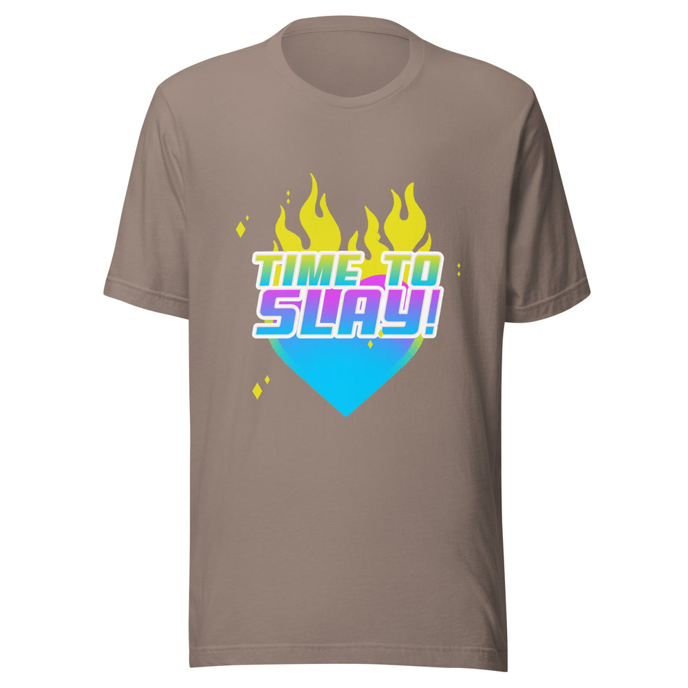 Front view of a taupe T-shirt with “TIME TO SLAY!” over flames and a colorful heart
