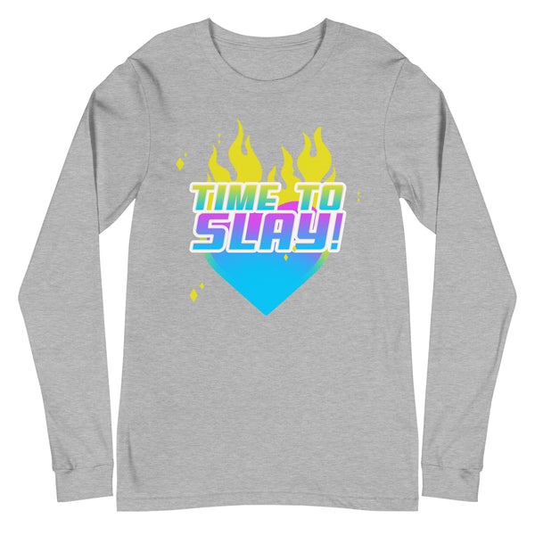Front view of a gray long-sleeve shirt reading “TIME TO SLAY!” over flames and a blue heart