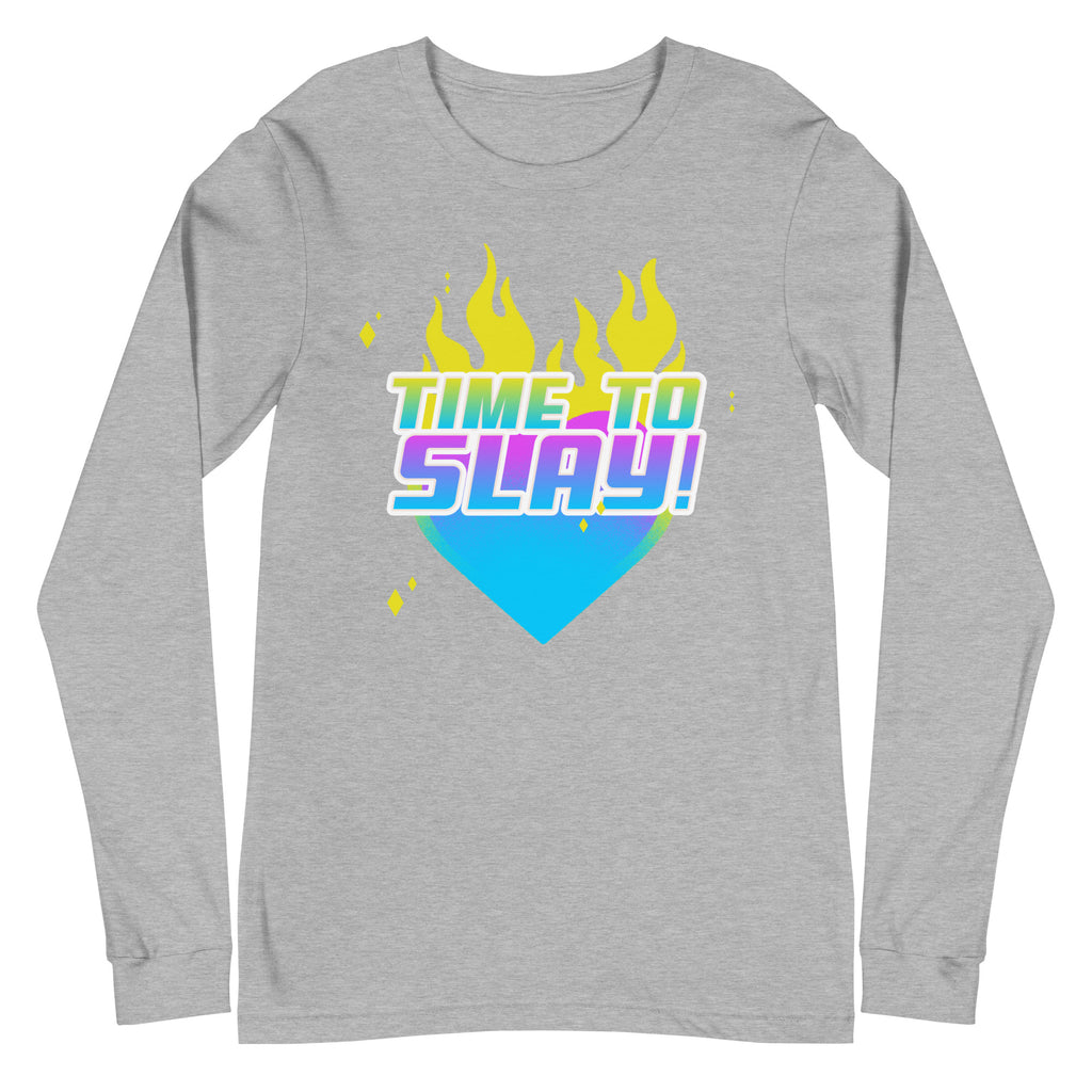 Front view of a gray long-sleeve shirt reading “TIME TO SLAY!” over flames and a blue heart