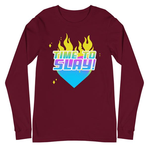 Front view of a burgundy long-sleeve shirt reading “TIME TO SLAY!” over flames and a heart