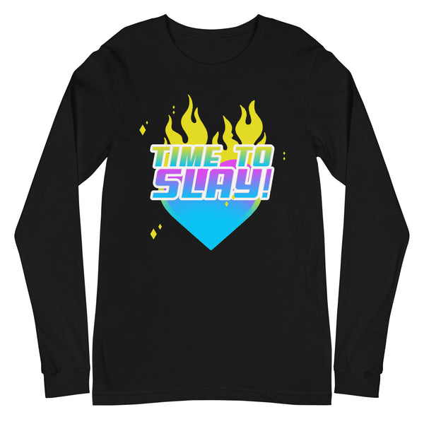 Front view of a black long-sleeve shirt reading “TIME TO SLAY!” over flames and a blue heart