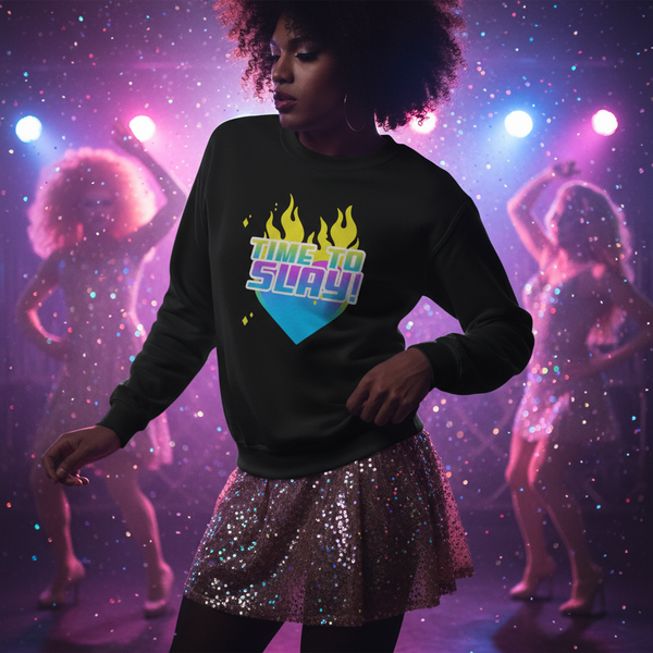 Model wearing a black sweatshirt with a flaming heart and “TIME TO SLAY!” graphic at a club