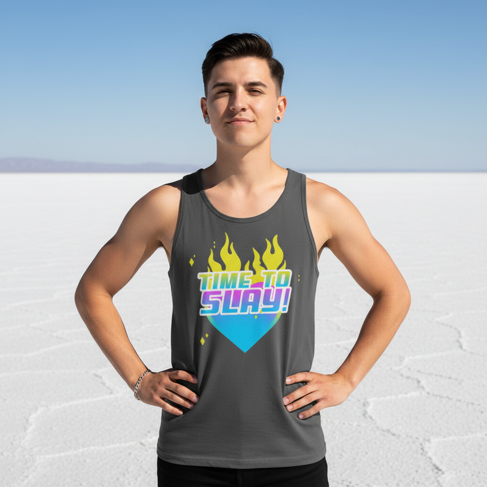 Unisex tank top with bold yellow flames and “TIME TO SLAY!” slogan, worn by a short-haired, relaxed person on salt flats