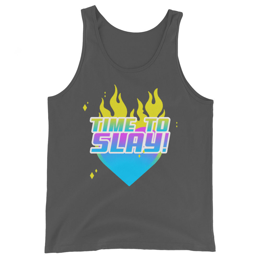 Front view of a charcoal tank top with colorful flames, heart, and “TIME TO SLAY!” graphic