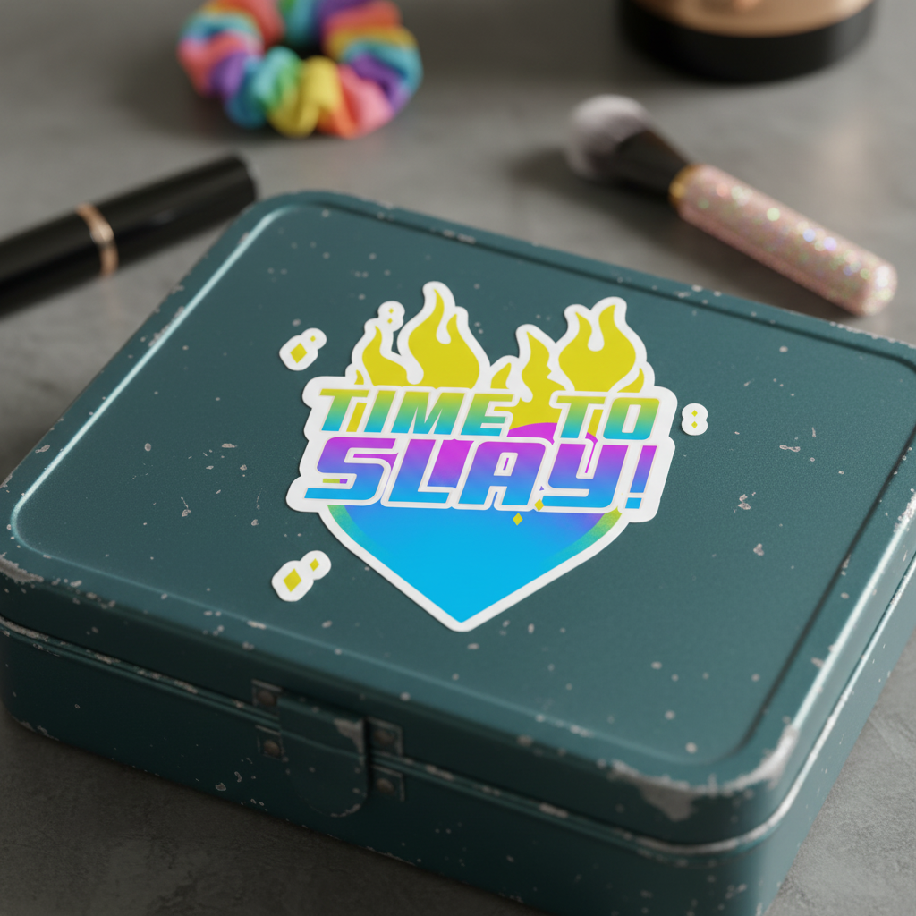 Time To Slay! Bubble-Free Sticker with a bold flaming heart pops on a worn metal box