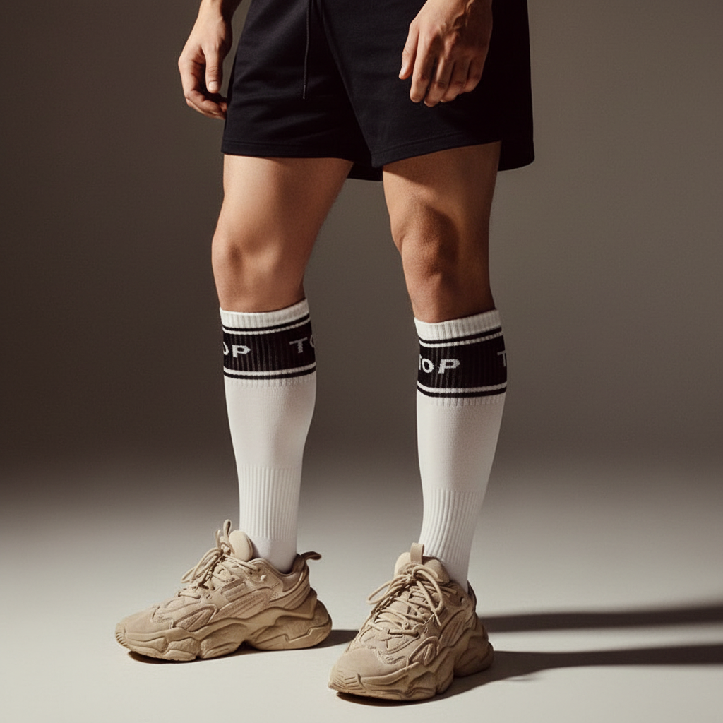 TOP Gay Crew Socks—white and long with “TOP” in black and bold stripes—styled with black shorts, beige kicks