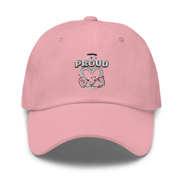 Front view of a pink cap embroidered with “I'M PROUD” above a heart and tools