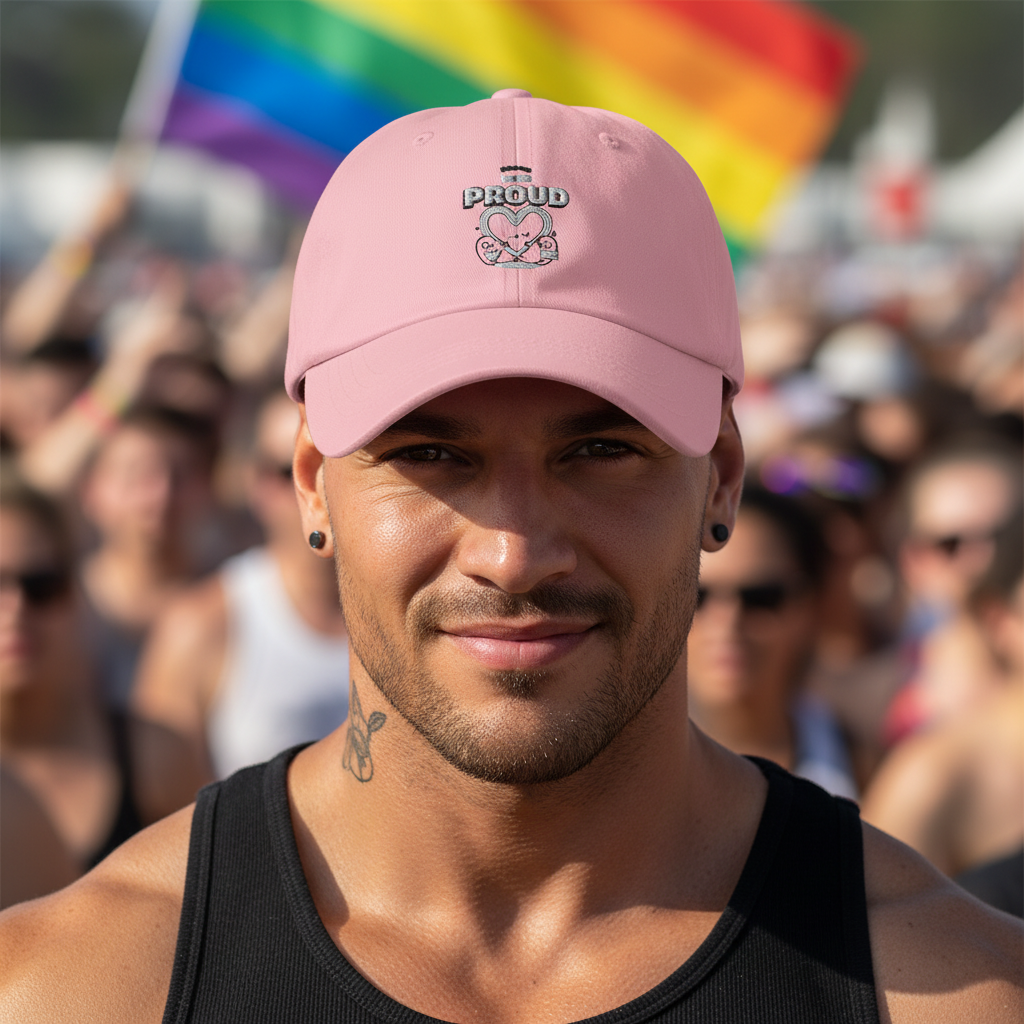 Trans & Proud cap with heart graphic worn by a smiling person in black tank