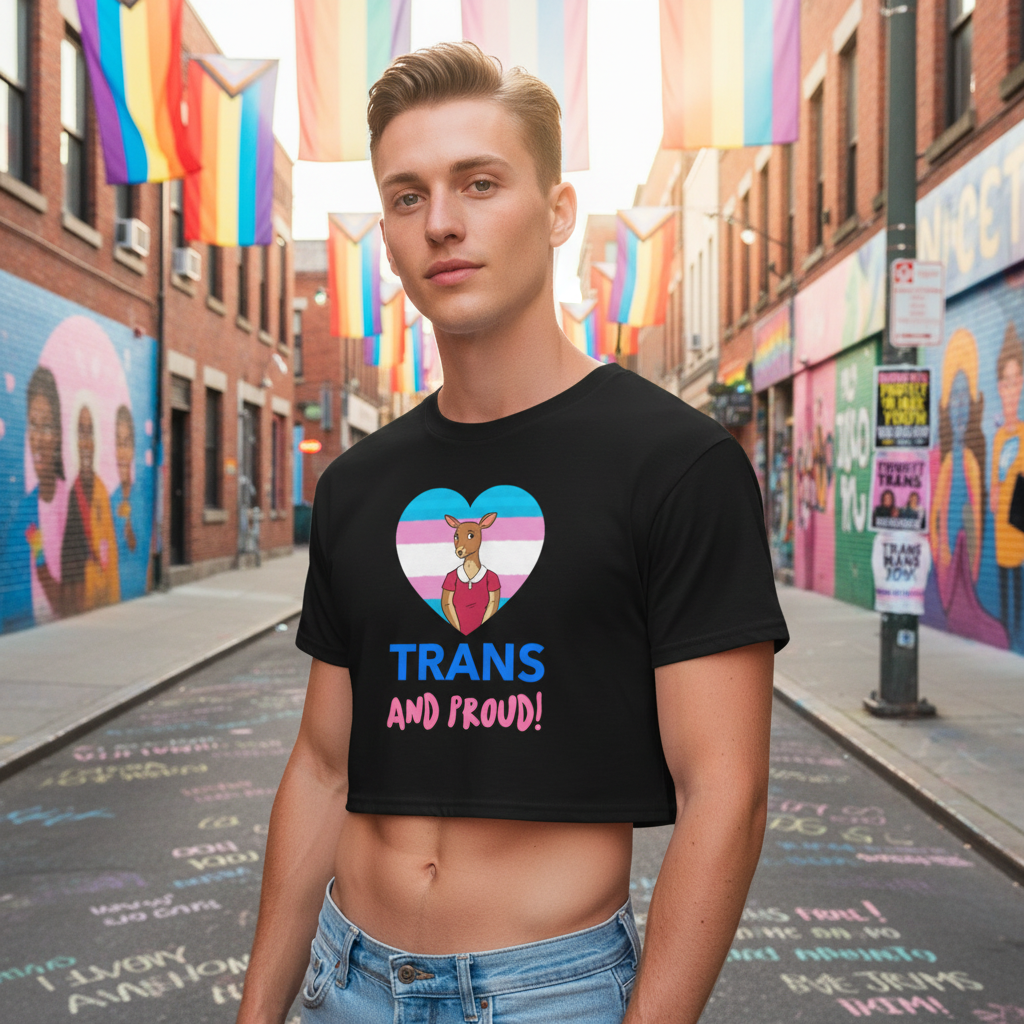 Trans And Proud crop top with cartoon kangaroo in a trans flag heart; person on rainbow- and trans-flagged