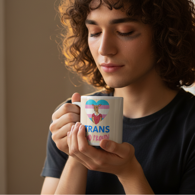 Curly-haired person holds a mug reading “TRANS AND PROUD,” with a kangaroo in a pride-colored heart.