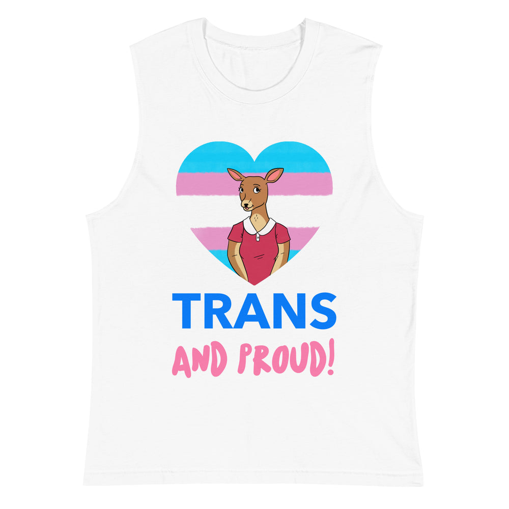 White muscle tank with "Trans & Proud" vibe, cartoon kangaroo in red dress inside a heart with trans flag stripes