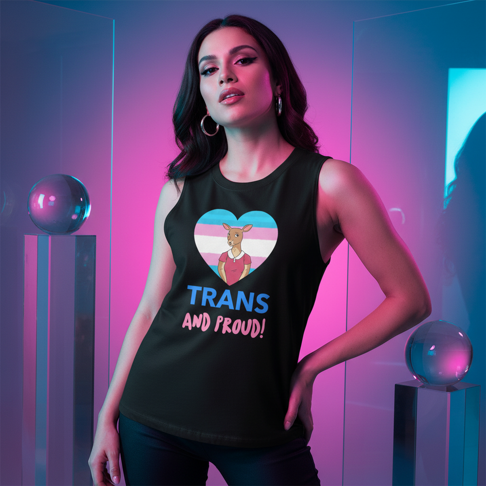 Trans And Proud unisex muscle top with a kangaroo, trans flag heart, "TRANS AND PROUD!" pink and blue glow