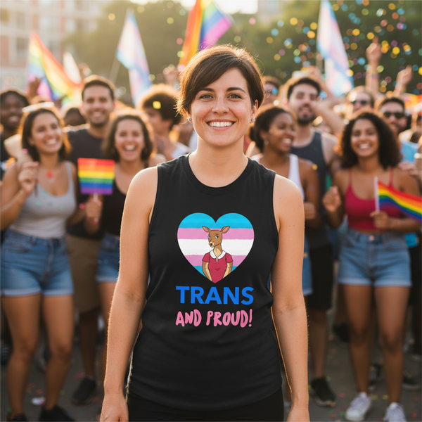 Trans & Proud Muscle Top with a kangaroo and trans flag heart, rocked at Pride among rainbow flags, confetti