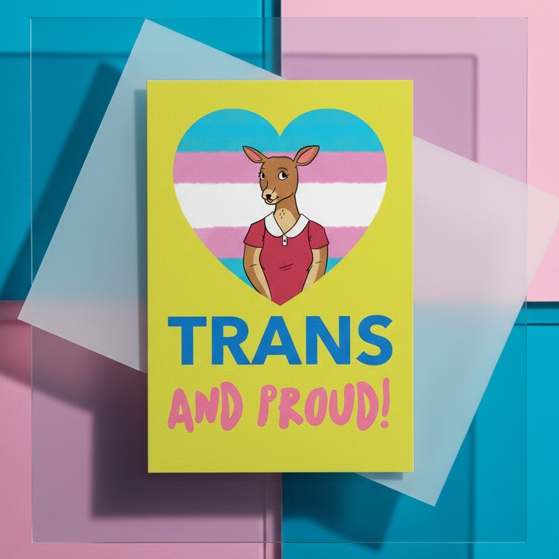 Trans And Proud Postcard with a yellow background, kangaroo in red tee inside a trans-flag heart