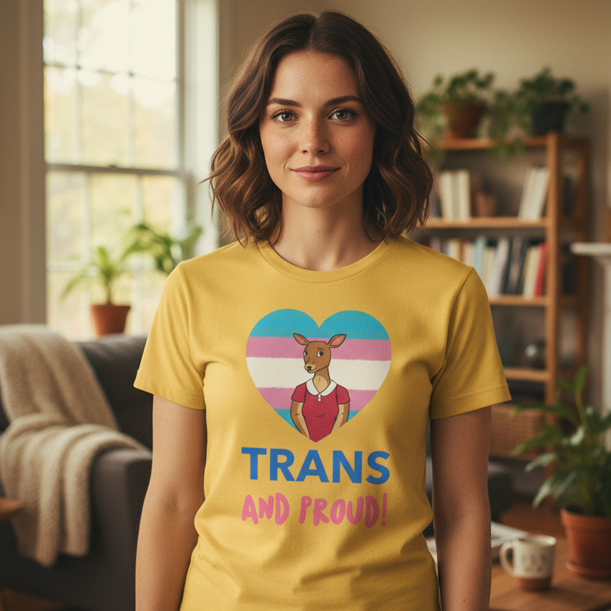 Trans And Proud yellow T-shirt with a cartoon kangaroo, trans flag heart, and "TRANS AND PROUD!" slogan