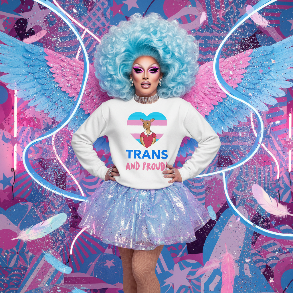 Person in blue wig wearing a white sweatshirt reading “TRANS AND PROUD” with a flag heart graphic