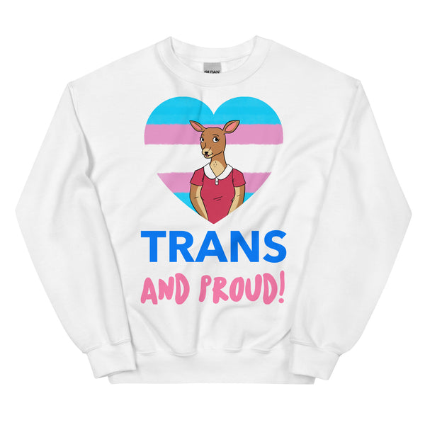 Unisex white sweatshirt with a heart in trans flag colors, a red kangaroo, blue 