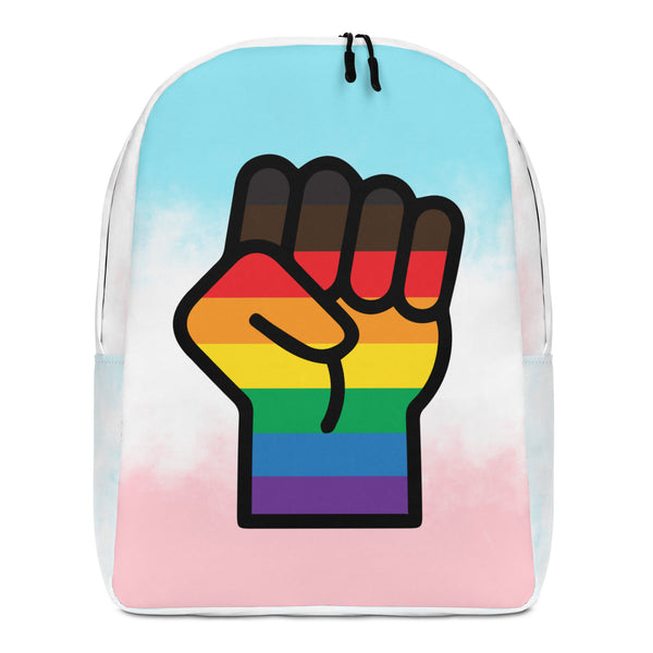 Front-facing white backpack with a raised fist in rainbow and trans pride colors