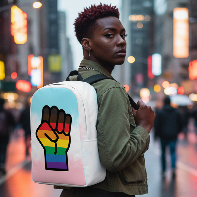 Trans BLM Resist Minimalist Backpack with rainbow fist for LGBTQ+ pride