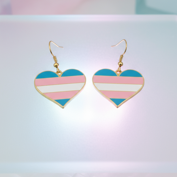 Transgender pride heart-shaped drop earrings with pink, blue, and white stripes
