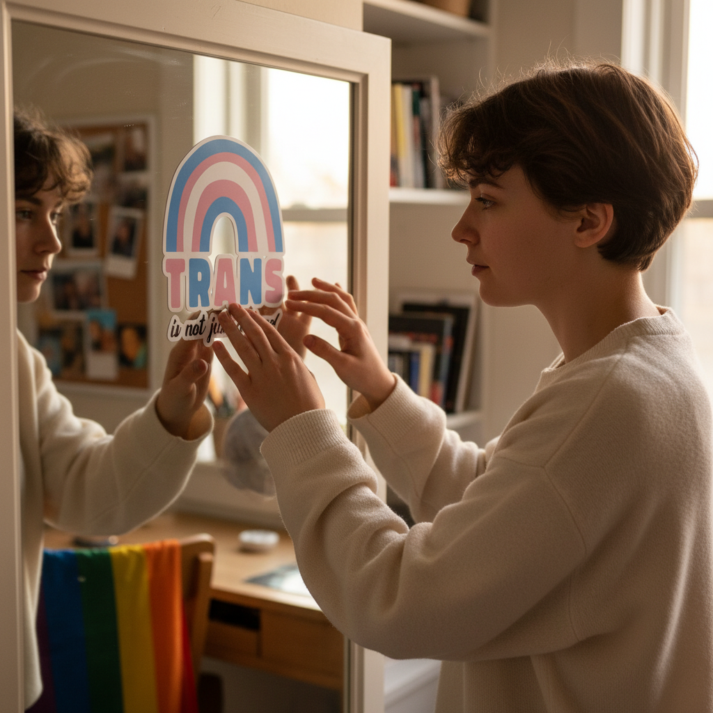 Trans Is Not Just A Stage! Bubble-Free Sticker with “TRANS” and a rainbow, placed on a mirror by a person