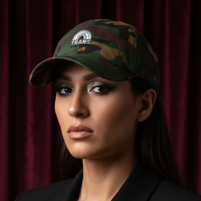 Trans Is Not Just A Stage! cap with camo print and rainbow emblem