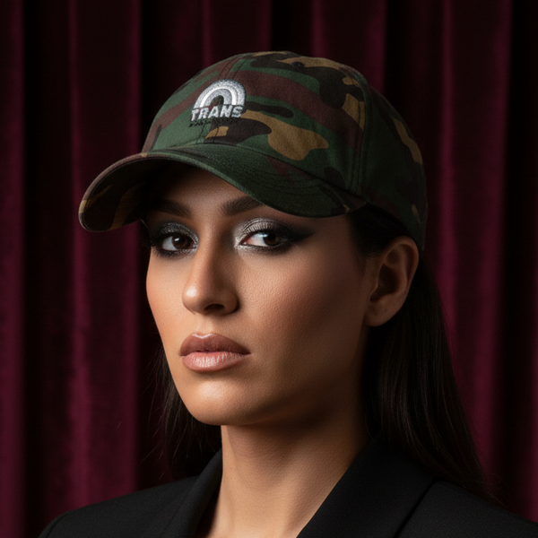 Trans Is Not Just A Stage! cap with camo print and rainbow emblem