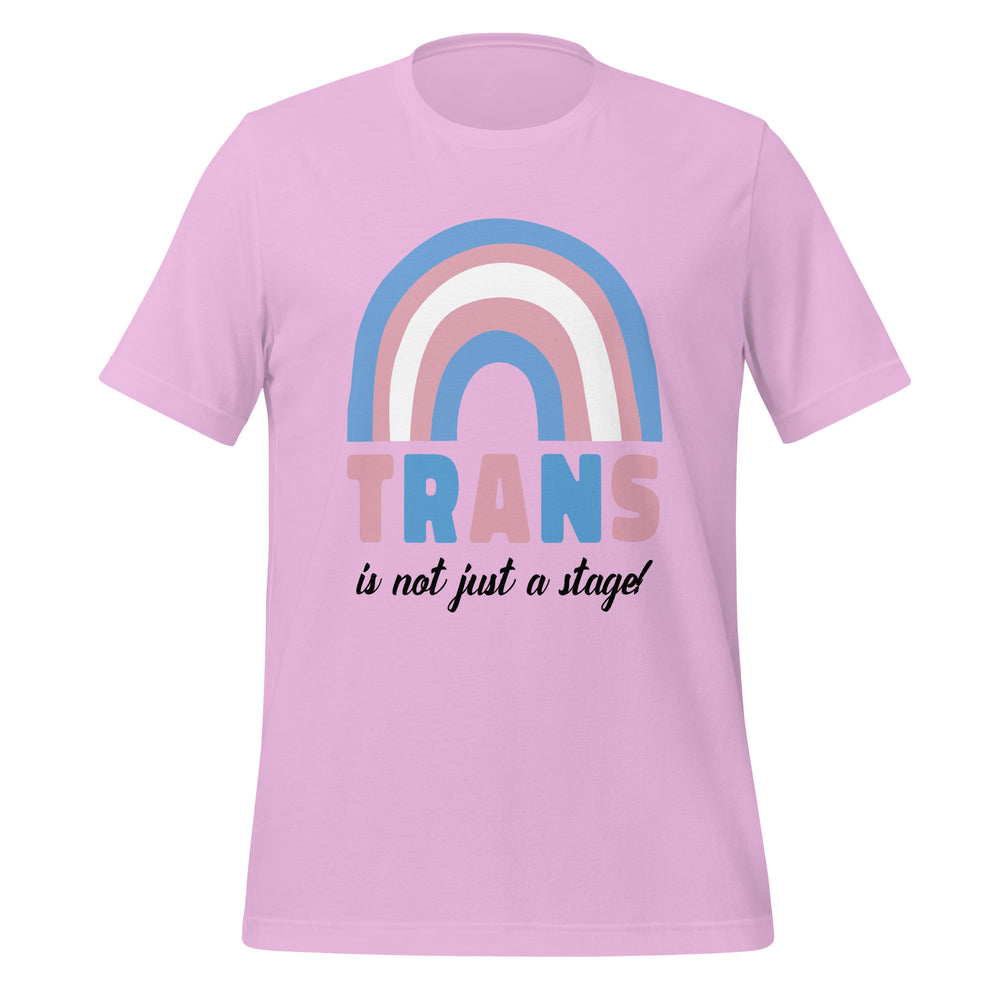 Light pink T-shirt with blue, pink, and white rainbow