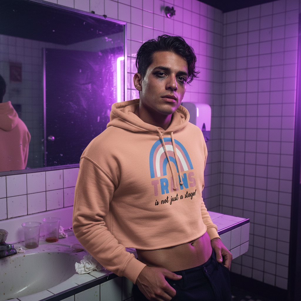 Peach crop hoodie with “Trans Is Not Just A Stage!” slogan and rainbow, worn confidently in a purple-lit tiled bathroom.