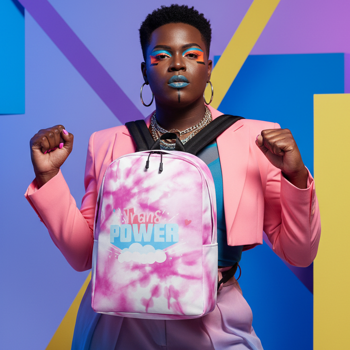 Trans Power Minimalist Backpack in pink and white, flaunts “Trans Power” in blue on a geometric purple, blue
