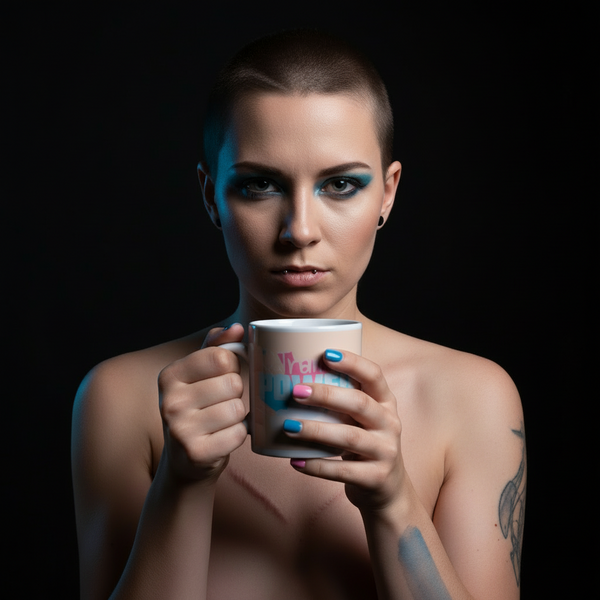 Topless person with teal eye makeup holds a white mug reading “Trans Power”
