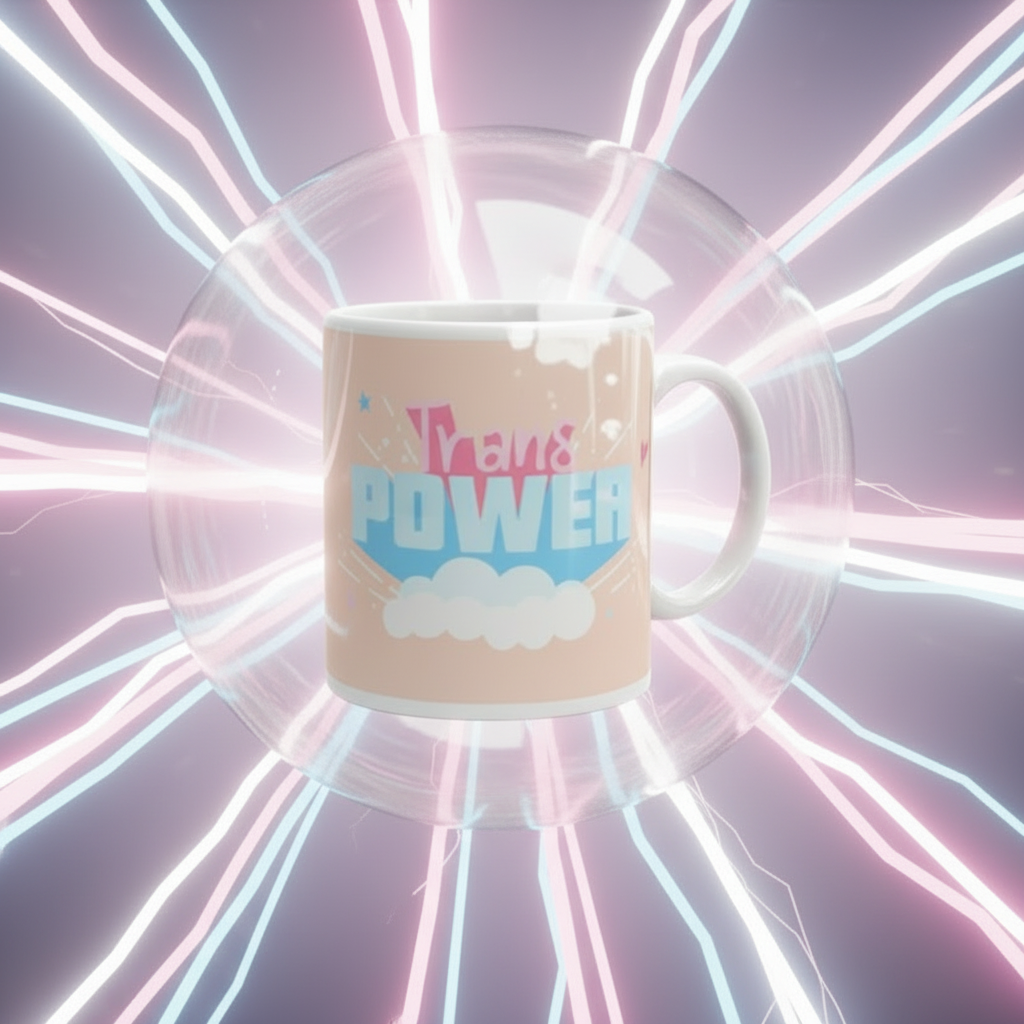 Front-facing white mug reading “Trans POWER” above a cloud graphic, with a neon light backdrop