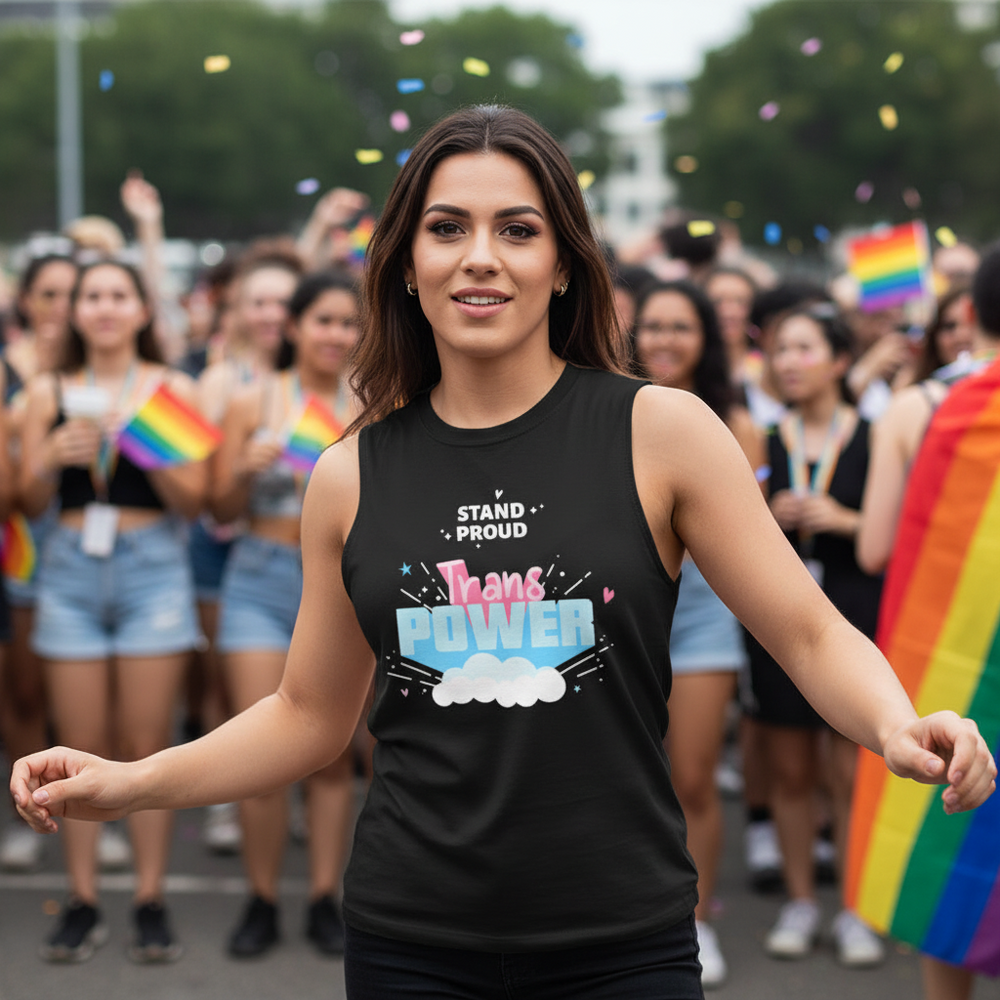 Trans Power Muscle Top: relaxed, sleeveless black tee with STAND PROUD Trans POWER