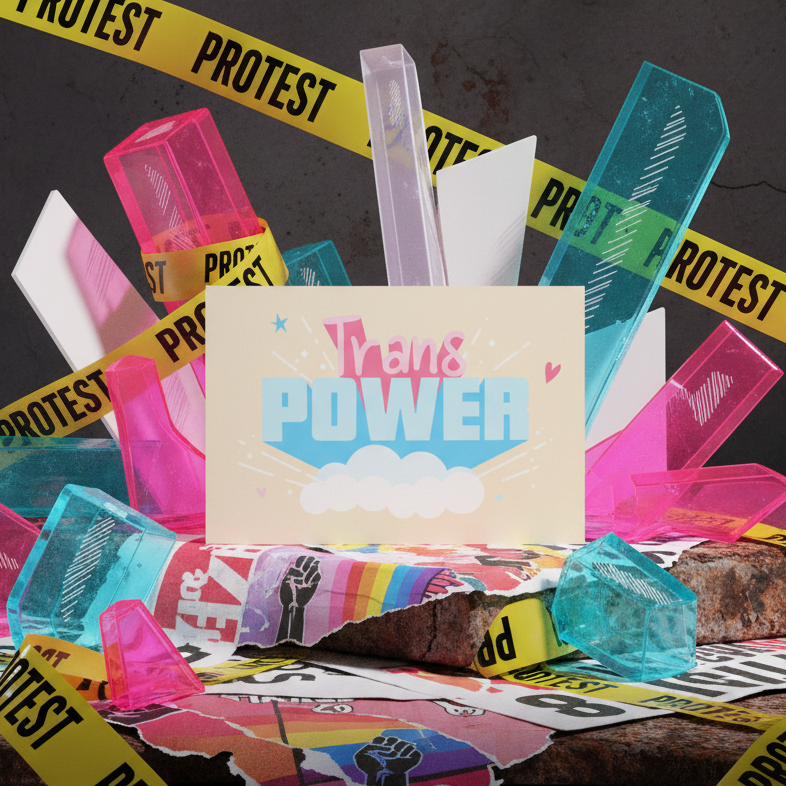 Trans Power Postcard with clouds and hearts, shown among bright crystals, LGBTQ stationery, protest flyers