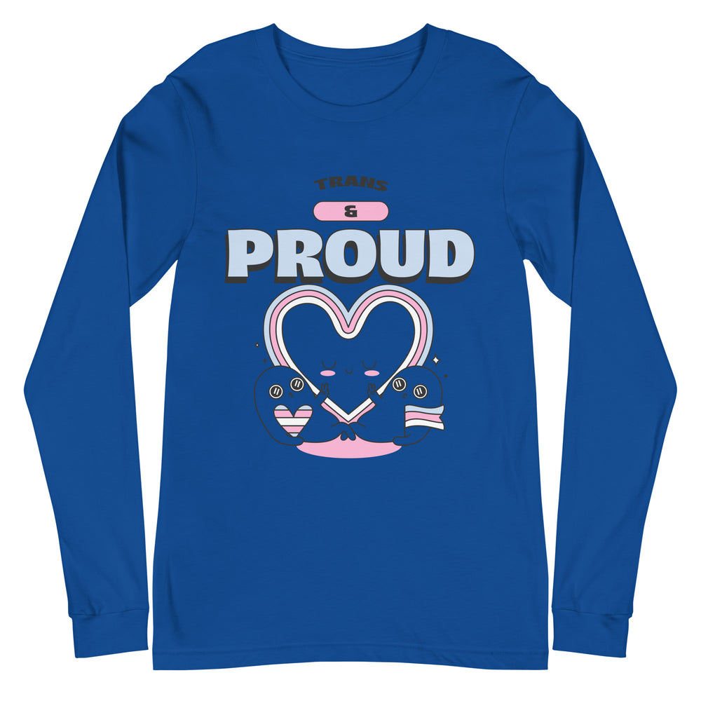 Front view of a blue long-sleeve shirt reading “TRANS” and “PROUD” above a heart design