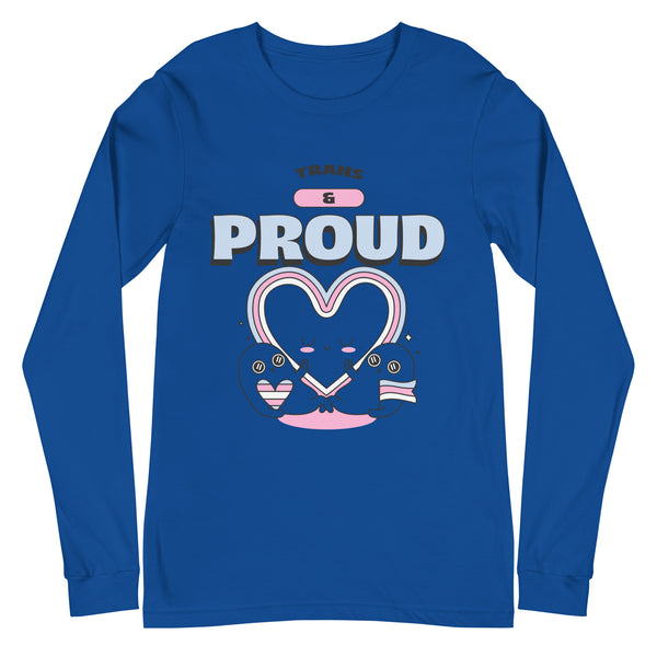 Front view of a blue long-sleeve shirt reading “TRANS” and “PROUD” above a heart design