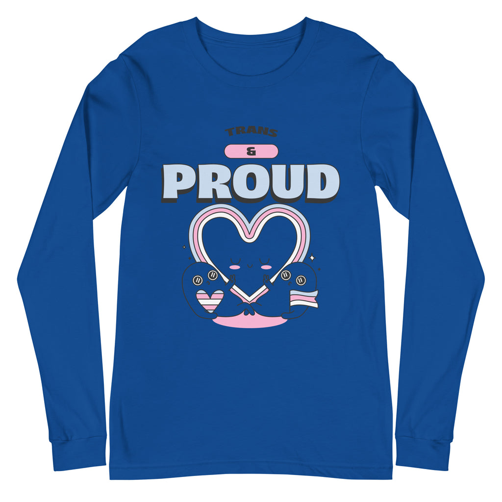 Front view of a blue long-sleeve shirt reading “TRANS” and “PROUD” above a heart design