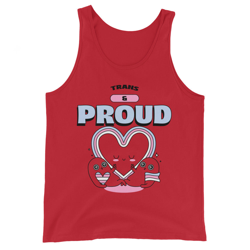 Front view of a red tank top reading “TRANS & PROUD” with a heart illustration