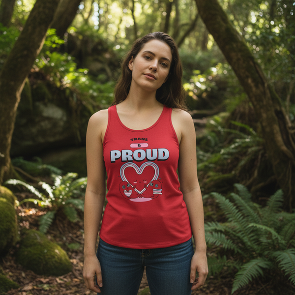 Model wearing a red tank top reading “TRANS PROUD” with a heart graphic in a forest