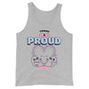 Front view of a gray tank top reading “TRANS & PROUD” with a heart and two cartoon figures