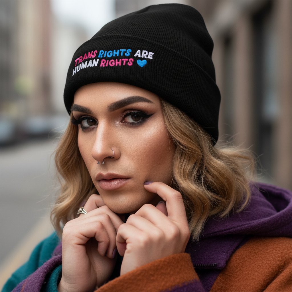 Trans Rights Are Human Rights Cuffed Beanie with "Trans Rights Are Human Rights" and blue heart