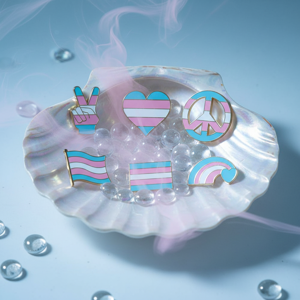 Six transgender pride enamel pins arranged in an iridescent shell dish