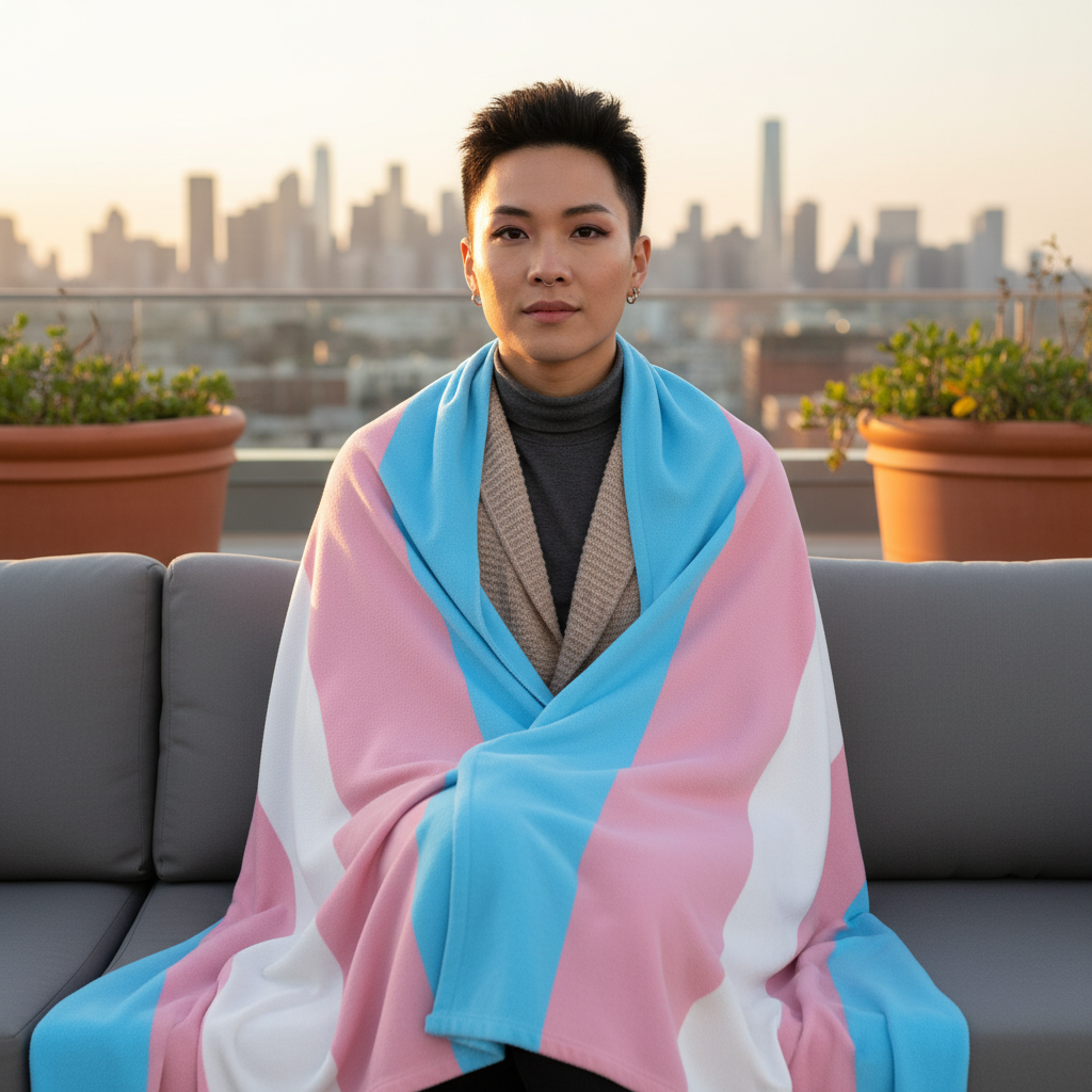 Transgender Flag Throw Blanket with blue, pink, and white stripes wraps a person outdoors at sunset
