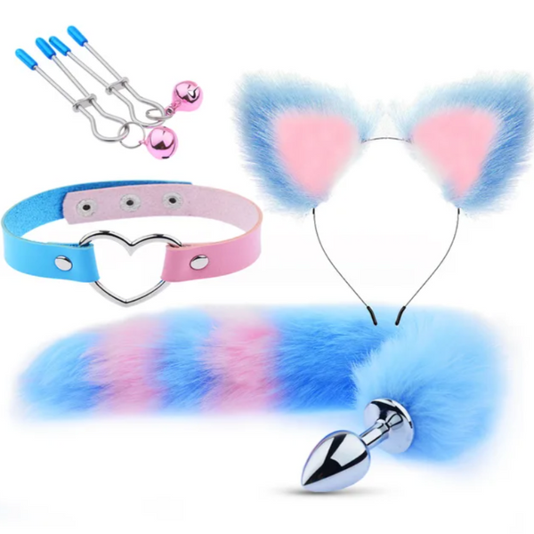 Blue-and-pink furry pup-play kit with ears, heart collar, tail, plug, and bell clips