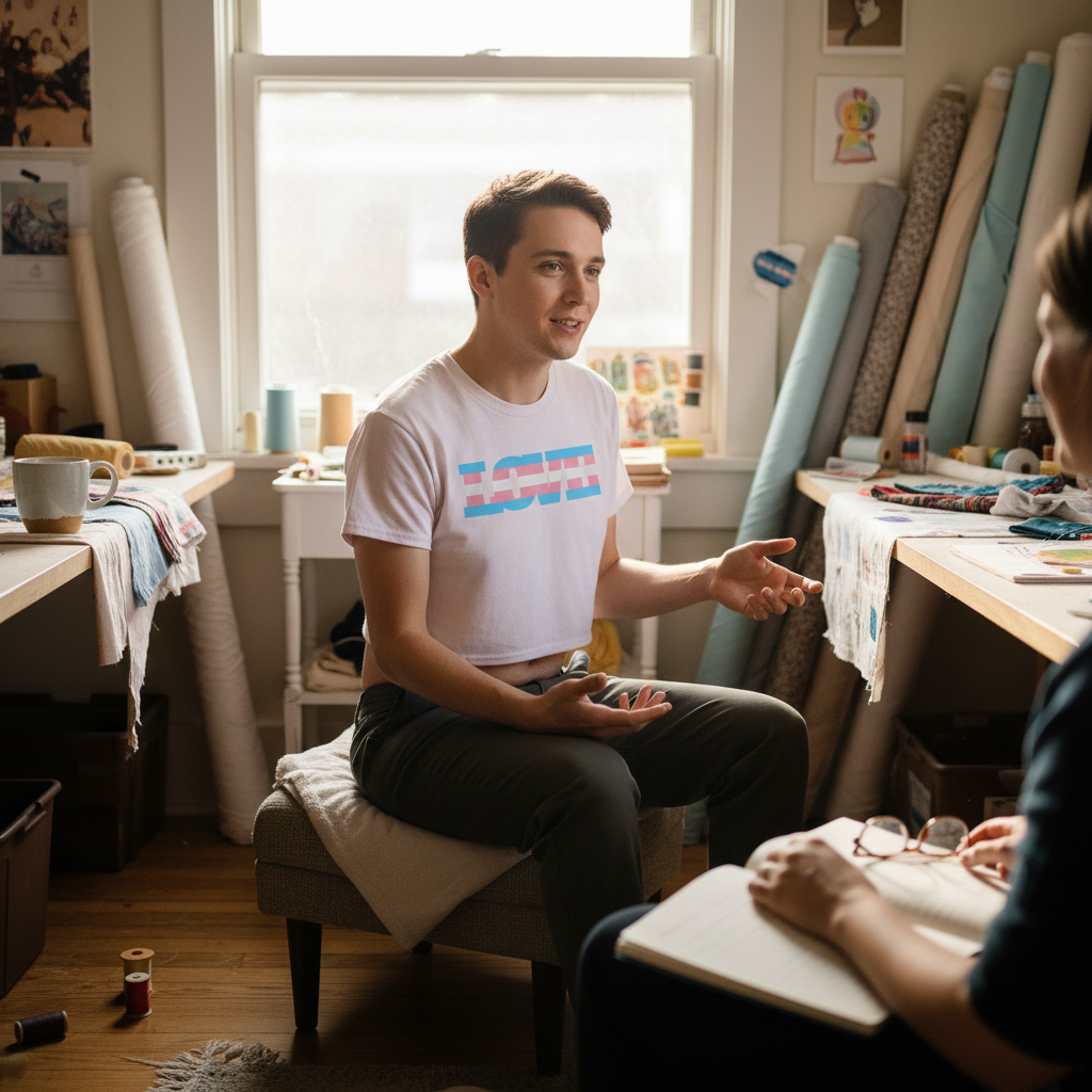Transgender Love Crop Top with “LOVE” in pink and blue stripes, worn by a person chatting in a sunny