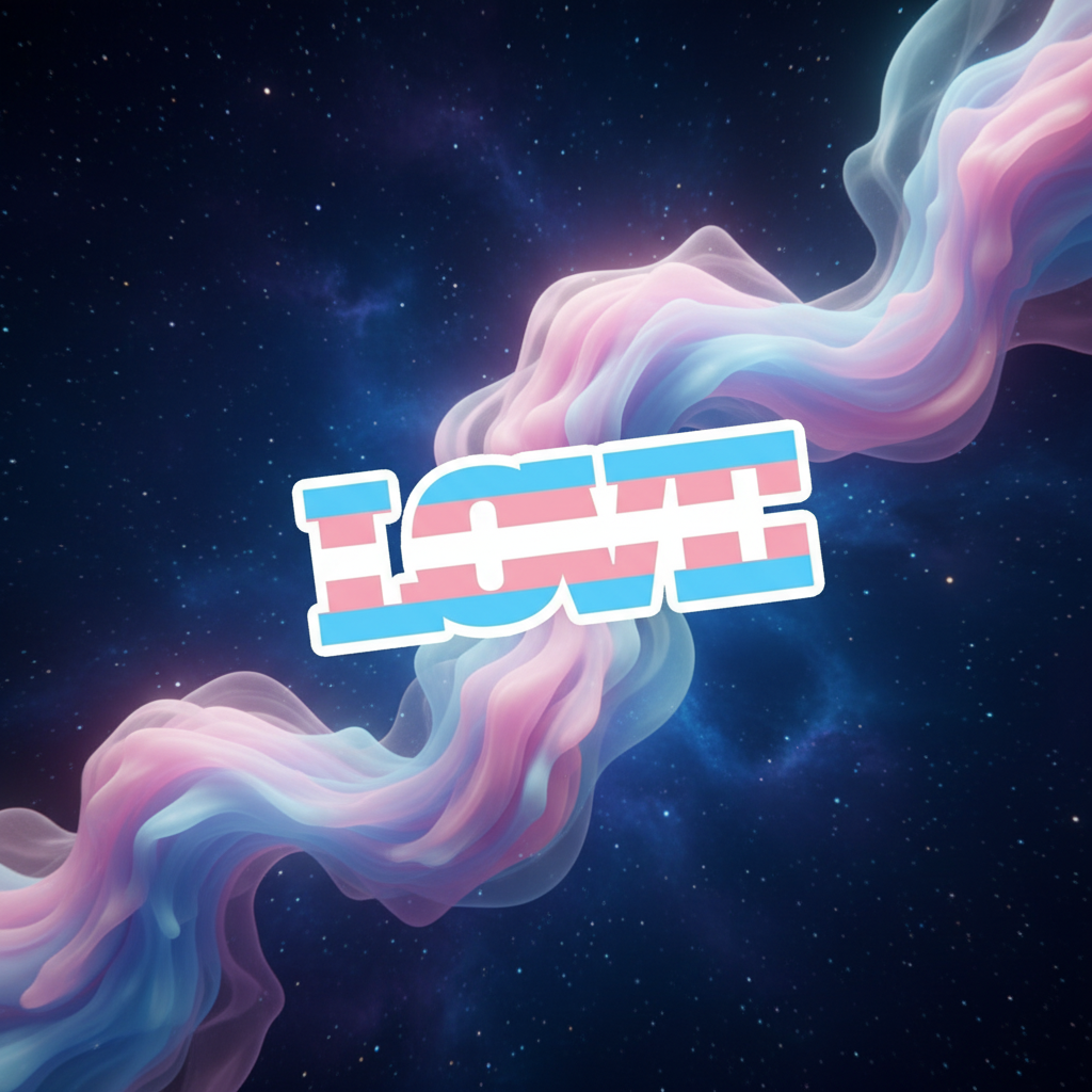 Transgender pride magnet reading “TRANS,” against a starry sky with pastel ribbons