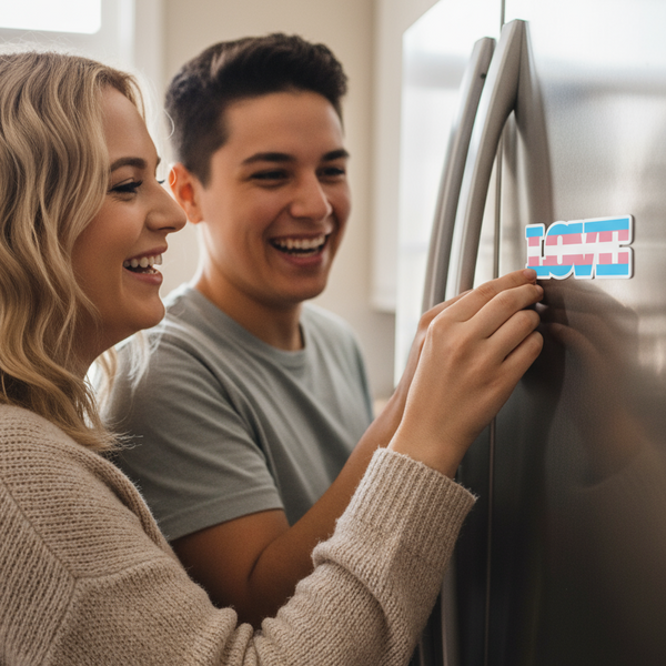 Two smiling people place a colorful “TRANS LOVE” magnet on a refrigerator