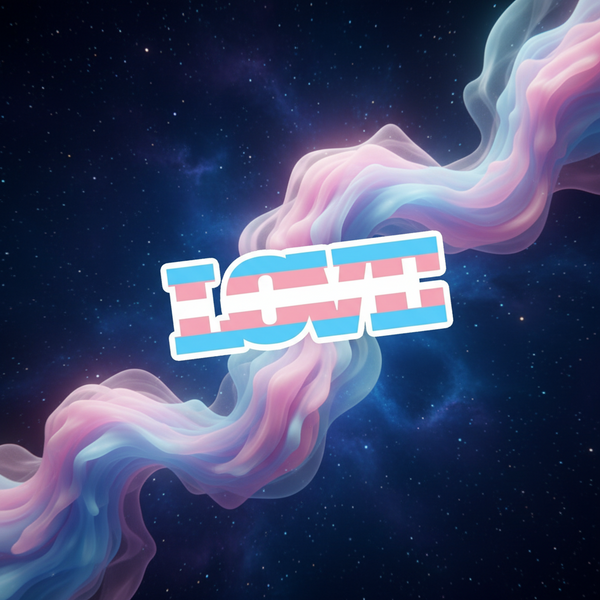 Transgender pride magnet reading “TRANS,” against a starry sky with pastel ribbons